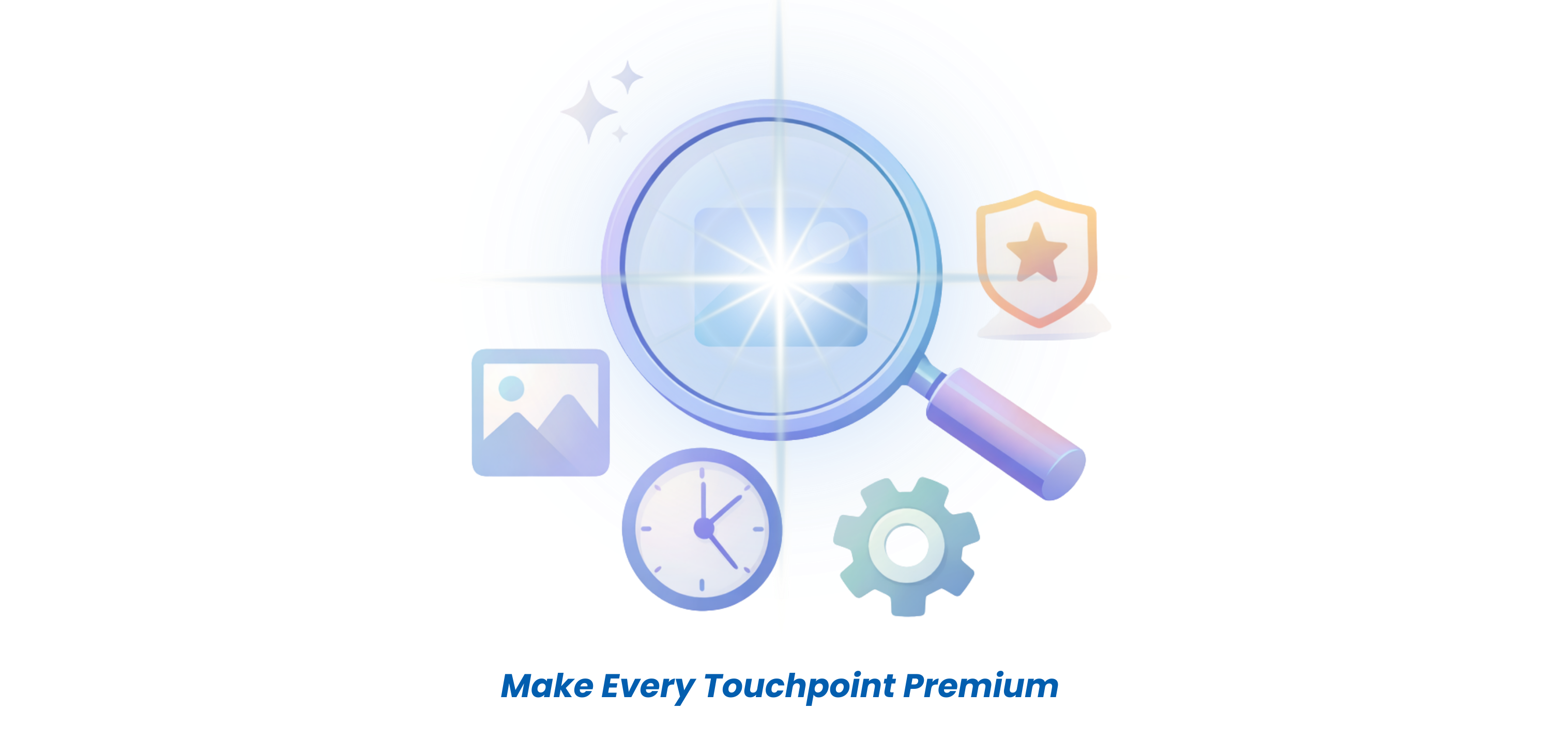 Photo booth experience optimization graphic featuring a magnifying glass on a photo with icons for delivery speed, setup, and quality, titled “Make Every Touchpoint Premium.”
